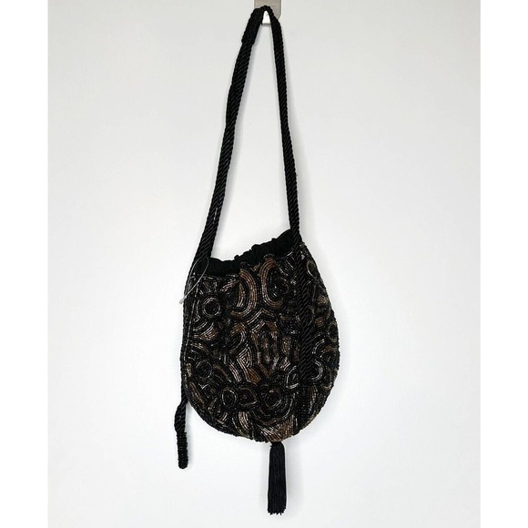 NWOT Free People Penny Beaded Pouch Bag Drawstring Black Gold Size OS - Picture 3 of 5